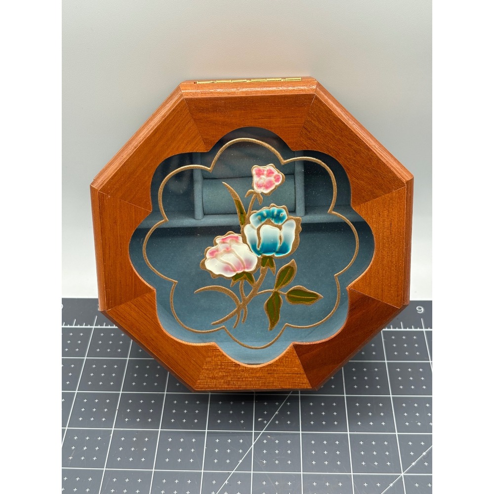 Vintage Mele Wooden Jewelry Box Octagon Floral Glass Lid Blue Velvet Interior